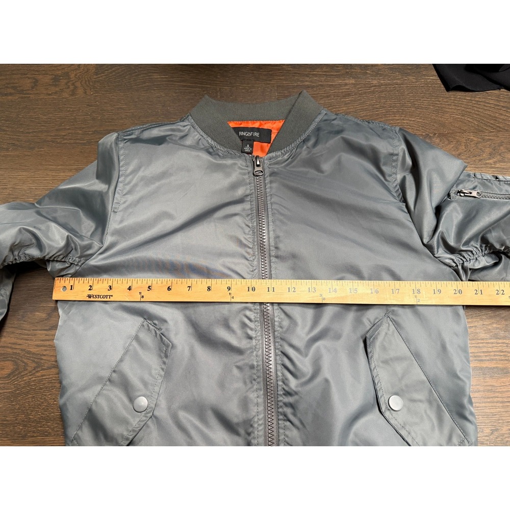 Ring of Fire Mens Grey MA-1 Bomber Flight Jacket Orange Lining Small Zip Up - Picture 3 of 6